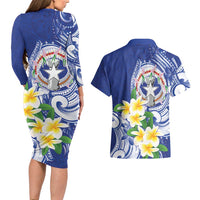 Northern Mariana Islands Couples Matching Long Sleeve Bodycon Dress and Hawaiian Shirt Polynesian Pattern With Frangipani