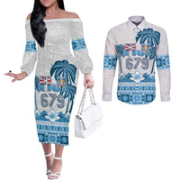 Fiji 679 Constitution Day Couples Matching Off The Shoulder Long Sleeve Dress and Long Sleeve Button Shirt Fijian Tapa Pattern LT05 Blue - Polynesian Pride