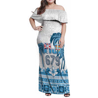 Fiji 679 Constitution Day Family Matching Off Shoulder Maxi Dress and Hawaiian Shirt Fijian Tapa Pattern LT05 Mom's Dress Blue - Polynesian Pride