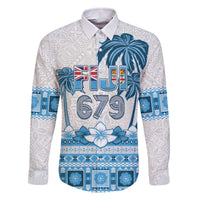 Fiji 679 Constitution Day Family Matching Off Shoulder Short Dress and Hawaiian Shirt Fijian Tapa Pattern LT05 Dad's Shirt - Long Sleeve Blue - Polynesian Pride