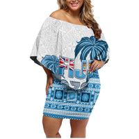 Fiji 679 Constitution Day Family Matching Off Shoulder Short Dress and Hawaiian Shirt Fijian Tapa Pattern LT05 Mom's Dress Blue - Polynesian Pride