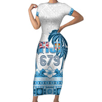 Fiji 679 Constitution Day Family Matching Short Sleeve Bodycon Dress and Hawaiian Shirt Fijian Tapa Pattern LT05 Mom's Dress Blue - Polynesian Pride