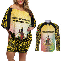 Vanuatu Independence Day Couples Matching Off Shoulder Short Dress and Long Sleeve Button Shirt The Untouched Paradise LT05 Colorful - Polynesian Pride