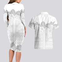 Samoa Lotu Tamaiti Couples Matching Long Sleeve Bodycon Dress and Hawaiian Shirt White Sunday Polynesian Pattern With Tropical Flowers LT05 - Polynesian Pride