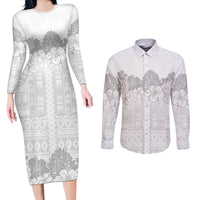 Samoa Lotu Tamaiti Couples Matching Long Sleeve Bodycon Dress and Long Sleeve Button Shirt White Sunday Polynesian Pattern With Tropical Flowers LT05 White - Polynesian Pride