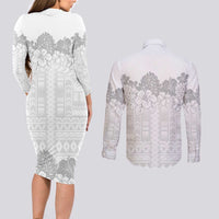 Samoa Lotu Tamaiti Couples Matching Long Sleeve Bodycon Dress and Long Sleeve Button Shirt White Sunday Polynesian Pattern With Tropical Flowers LT05 - Polynesian Pride
