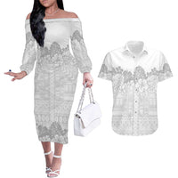Samoa Lotu Tamaiti Couples Matching Off The Shoulder Long Sleeve Dress and Hawaiian Shirt White Sunday Polynesian Pattern With Tropical Flowers LT05 White - Polynesian Pride