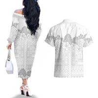 Samoa Lotu Tamaiti Couples Matching Off The Shoulder Long Sleeve Dress and Hawaiian Shirt White Sunday Polynesian Pattern With Tropical Flowers LT05 - Polynesian Pride