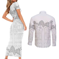 Samoa Lotu Tamaiti Couples Matching Short Sleeve Bodycon Dress and Long Sleeve Button Shirt White Sunday Polynesian Pattern With Tropical Flowers LT05 - Polynesian Pride