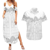 Samoa Lotu Tamaiti Couples Matching Summer Maxi Dress and Hawaiian Shirt White Sunday Polynesian Pattern With Tropical Flowers LT05 White - Polynesian Pride