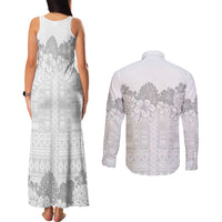 Samoa Lotu Tamaiti Couples Matching Tank Maxi Dress and Long Sleeve Button Shirt White Sunday Polynesian Pattern With Tropical Flowers LT05 - Polynesian Pride