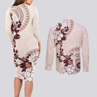 Bula Fiji Language Week Couples Matching Long Sleeve Bodycon Dress and Long Sleeve Button Shirt Fijian Tapa Pattern With Tagimoucia Flower LT05 - Polynesian Pride