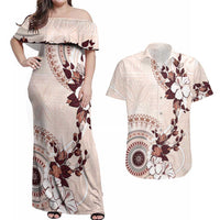 Bula Fiji Language Week Couples Matching Off Shoulder Maxi Dress and Hawaiian Shirt Fijian Tapa Pattern With Tagimoucia Flower LT05 Beige - Polynesian Pride