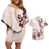 Bula Fiji Language Week Couples Matching Off Shoulder Short Dress and Hawaiian Shirt Fijian Tapa Pattern With Tagimoucia Flower LT05 Beige - Polynesian Pride