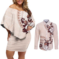 Bula Fiji Language Week Couples Matching Off Shoulder Short Dress and Long Sleeve Button Shirt Fijian Tapa Pattern With Tagimoucia Flower LT05 Beige - Polynesian Pride