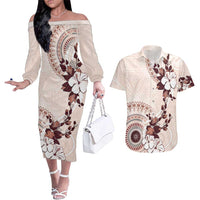 Bula Fiji Language Week Couples Matching Off The Shoulder Long Sleeve Dress and Hawaiian Shirt Fijian Tapa Pattern With Tagimoucia Flower LT05 Beige - Polynesian Pride