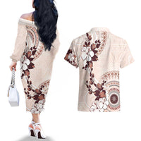Bula Fiji Language Week Couples Matching Off The Shoulder Long Sleeve Dress and Hawaiian Shirt Fijian Tapa Pattern With Tagimoucia Flower LT05 - Polynesian Pride