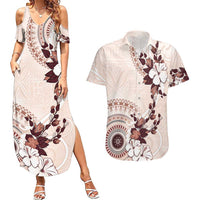 Bula Fiji Language Week Couples Matching Summer Maxi Dress and Hawaiian Shirt Fijian Tapa Pattern With Tagimoucia Flower LT05 Beige - Polynesian Pride