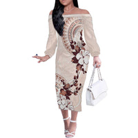 Bula Fiji Language Week Family Matching Off The Shoulder Long Sleeve Dress and Hawaiian Shirt Fijian Tapa Pattern With Tagimoucia Flower LT05 Mom's Dress Beige - Polynesian Pride