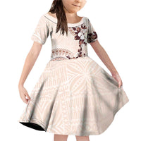 Bula Fiji Language Week Family Matching Off Shoulder Short Dress and Hawaiian Shirt Fijian Tapa Pattern With Tagimoucia Flower LT05 Daughter's Dress Beige - Polynesian Pride