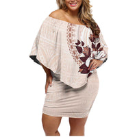 Bula Fiji Language Week Family Matching Off Shoulder Short Dress and Hawaiian Shirt Fijian Tapa Pattern With Tagimoucia Flower LT05 Mom's Dress Beige - Polynesian Pride