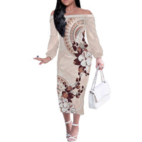 Bula Fiji Language Week Off The Shoulder Long Sleeve Dress Fijian Tapa Pattern With Tagimoucia Flower LT05 Women Beige - Polynesian Pride