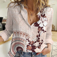 Bula Fiji Language Week Women Casual Shirt Fijian Tapa Pattern With Tagimoucia Flower LT05 Female Beige - Polynesian Pride