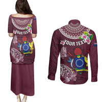 Personalized Cook Islands Mangaia Couples Matching Puletasi Dress and Long Sleeve Button Shirts Coat Of Arms Plumeria Polynesian Turtle LT05 - Polynesian Pride