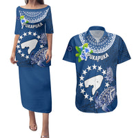 Personalized Cook Islands Pukapuka Couples Matching Puletasi Dress and Hawaiian Shirt Coat Of Arms Plumeria Polynesian Turtle LT05 Blue - Polynesian Pride