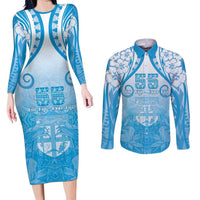 Fiji Day Couples Matching Long Sleeve Bodycon Dress and Long Sleeve Button Shirt 55th Anniversary Forever Fiji LT05 Blue - Polynesian Pride