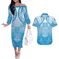 Fiji Day Couples Matching Off The Shoulder Long Sleeve Dress and Hawaiian Shirt 55th Anniversary Forever Fiji LT05 Blue - Polynesian Pride