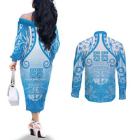 Fiji Day Couples Matching Off The Shoulder Long Sleeve Dress and Long Sleeve Button Shirt 55th Anniversary Forever Fiji LT05 - Polynesian Pride