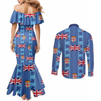 Fiji Masi Tapa Couples Matching Mermaid Dress and Long Sleeve Button Shirt Coat Of Arms LT05 - Polynesian Pride