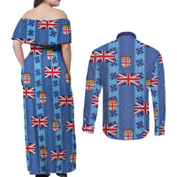 Fiji Masi Tapa Couples Matching Off Shoulder Maxi Dress and Long Sleeve Button Shirt Coat Of Arms LT05 - Polynesian Pride