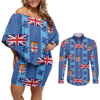 Fiji Masi Tapa Couples Matching Off Shoulder Short Dress and Long Sleeve Button Shirt Coat Of Arms LT05 Blue - Polynesian Pride