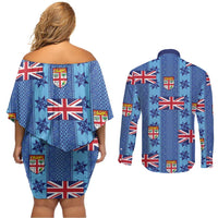Fiji Masi Tapa Couples Matching Off Shoulder Short Dress and Long Sleeve Button Shirt Coat Of Arms LT05 - Polynesian Pride