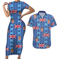 Fiji Masi Tapa Couples Matching Short Sleeve Bodycon Dress and Hawaiian Shirt Coat Of Arms LT05 Blue - Polynesian Pride