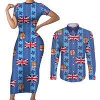 Fiji Masi Tapa Couples Matching Short Sleeve Bodycon Dress and Long Sleeve Button Shirt Coat Of Arms LT05 Blue - Polynesian Pride