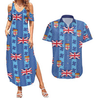 Fiji Masi Tapa Couples Matching Summer Maxi Dress and Hawaiian Shirt Coat Of Arms LT05 Blue - Polynesian Pride