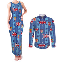 Fiji Masi Tapa Couples Matching Tank Maxi Dress and Long Sleeve Button Shirt Coat Of Arms LT05 Blue - Polynesian Pride