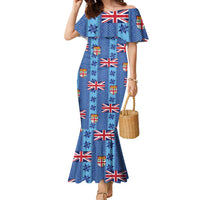 Fiji Masi Tapa Family Matching Mermaid Dress and Hawaiian Shirt Coat Of Arms LT05 Mom's Dress Blue - Polynesian Pride