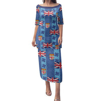 Fiji Masi Tapa Family Matching Puletasi and Hawaiian Shirt Coat Of Arms LT05 Mom's Dress Blue - Polynesian Pride