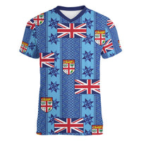 Fiji Masi Tapa Women V-Neck T-Shirt Coat Of Arms LT05 Female Blue - Polynesian Pride