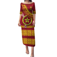 Custom Eua High School Family Matching Puletasi Dress and Hawaiian Shirt Tongan Kupesi Pattern LT05 Mom's Dress Red - Polynesian Pride