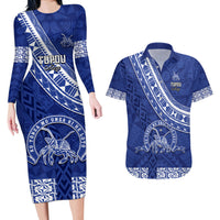 Custom Tupou College Couples Matching Long Sleeve Bodycon Dress and Hawaiian Shirt Tongan Kupesi Pattern LT05 Blue - Polynesian Pride