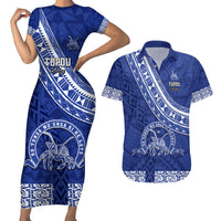 Custom Tupou College Couples Matching Short Sleeve Bodycon Dress and Hawaiian Shirt Tongan Kupesi Pattern LT05 Blue - Polynesian Pride