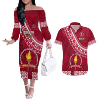 Custom Beulah College Couples Matching Off The Shoulder Long Sleeve Dress and Hawaiian Shirt Tongan Kupesi Pattern LT05 Red - Polynesian Pride