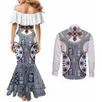 Hawaii Couples Matching Mermaid Dress and Long Sleeve Button Shirt Barkcloth Pattern Vintage Style LT05 - Polynesian Pride