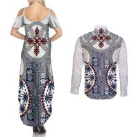 Hawaii Couples Matching Summer Maxi Dress and Long Sleeve Button Shirt Barkcloth Pattern Vintage Style LT05 - Polynesian Pride