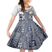 Hawaii Family Matching Long Sleeve Bodycon Dress and Hawaiian Shirt Barkcloth Pattern Vintage Style LT05 Daughter's Dress Blue - Polynesian Pride